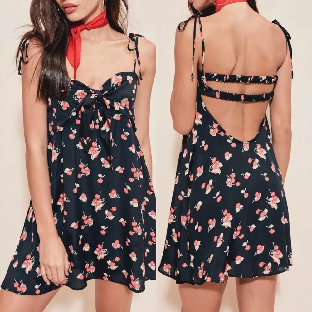 EUC For Love and Lemons low-back red cherry print mini slip dress in black